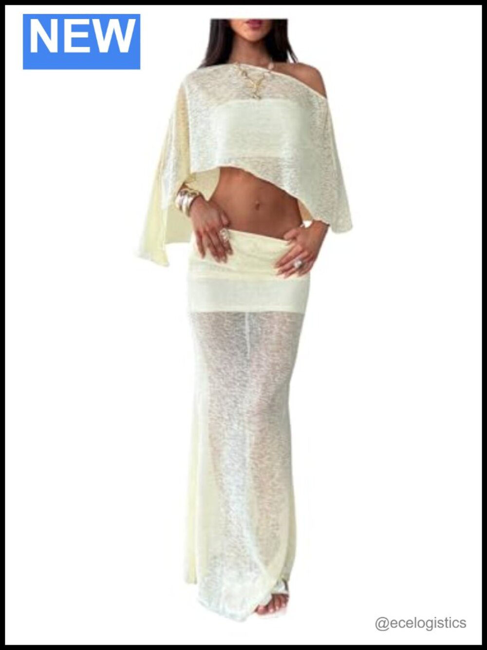 2 Piece Outfit Sheer Poncho Crop Top & Maxi Skirt Set Beach Vacation